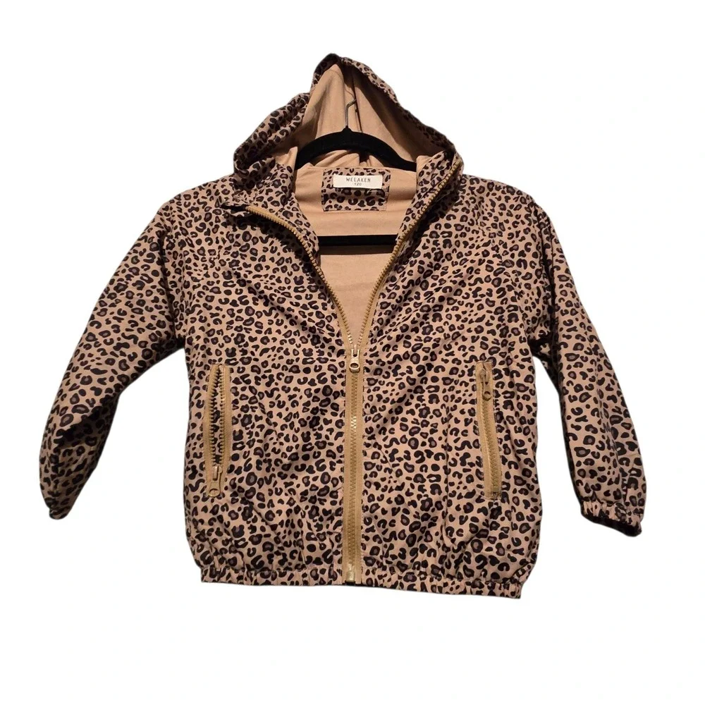 Welaken Hooded Cheetah Windbreaker Jacket Kid Sz 120 5-8 years Brown Pockets Zip